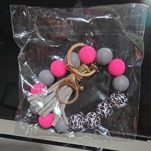 Pink and Gray Beaded Keychain Bracelet